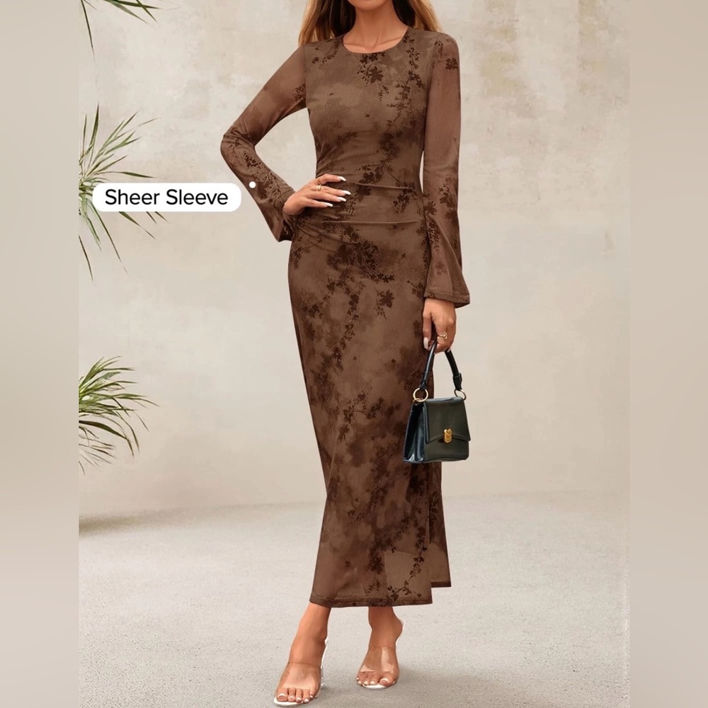 Brown Tie-Dye Sheer Sleeve Maxi Dress